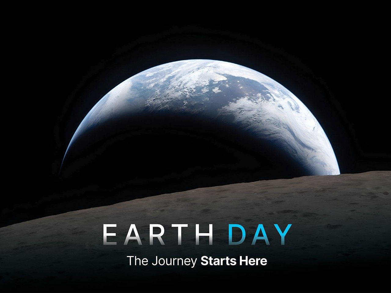 View of Earth rising above the gray, cratered lunar surface, with the planet’s blue oceans and swirling white clouds illuminated against the blackness of space. The top of the graphic features the NASA and Artemis program logos, and the bottom text reads ‘Earth Day – The Journey Starts Here.